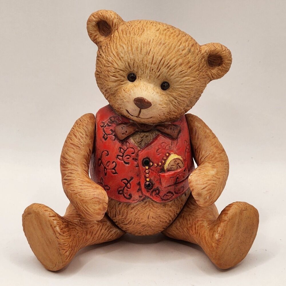 Vtg Jointed Porcelain Teddy Bear Figurine Red Floral Vest Pocket Watch Posable